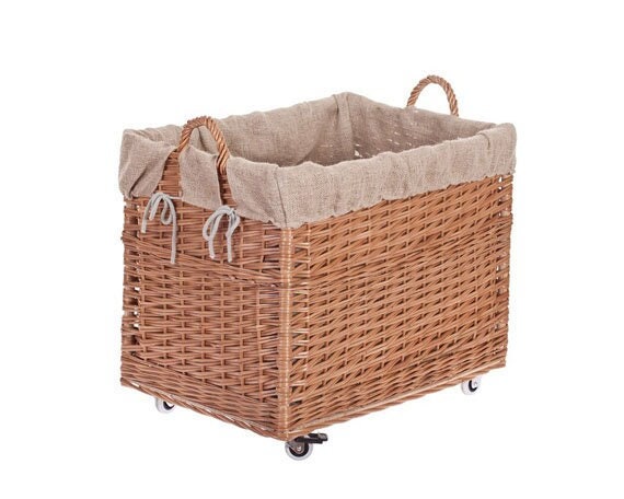 Rustic Home Storage, Basket With Linen, Rectangular Basket on Wheels,  Natural Wicker, Wood Storage, Rustic Home Sccessories 