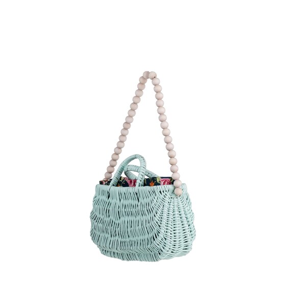 Mint Wicker Handbag for Girl, Rectangular Basket Bag, Accessories for Girl,  Bag With a Strap Made of Wooden Beads 
