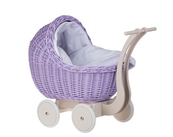 Rieten geverfde poppenwagen, lavendel poppenwagen, roze wilgen poppenwagen, handgemaakt, blauwe rieten poppenwagen, perfect idee cadeau.