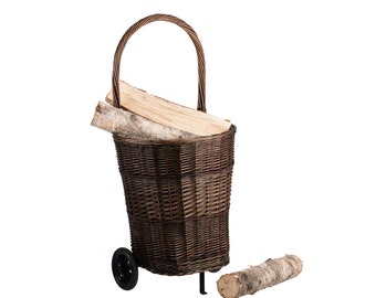 Wicker Fireplace Basket on Wheels, Firewood Roller Basket, Rectangular Basket, Dark Color Wicker with Decorative Wicker Stripes