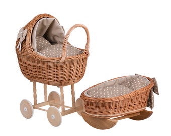 High Wicker Kinderwagen und Wiege mit Bettwäsche, exklusives Öko-Spielzeug für Mädchen, 1. Geburtstagsgeschenk, Puppenwagen, Naturspielzeug