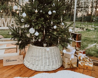 Decorazioni natalizie moderne in vimini bianco per la casa, gonna per albero di Natale, gonna per albero intrecciata a cesto, copertura per albero di Natale, decorazione carina di Natale!