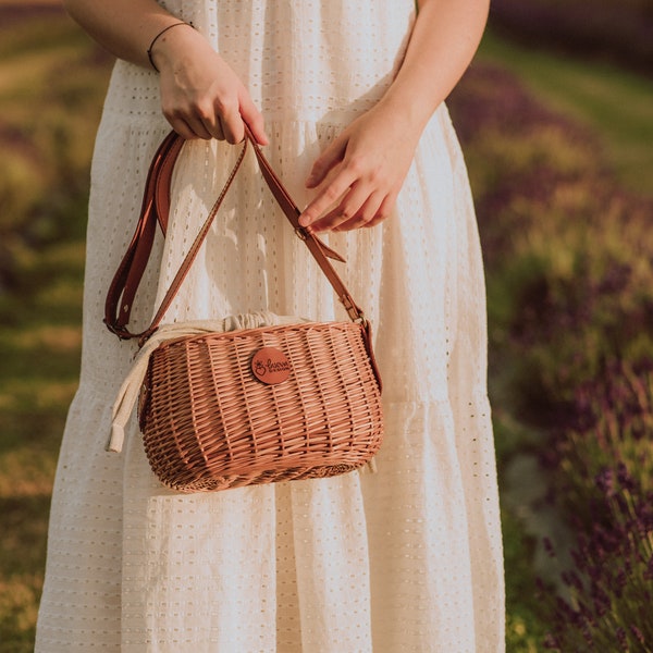 Sac en osier naturel, panier fait à la main, sac avec bracelet en cuir, sac à main écologique, panier écologique, sac à main pour dames