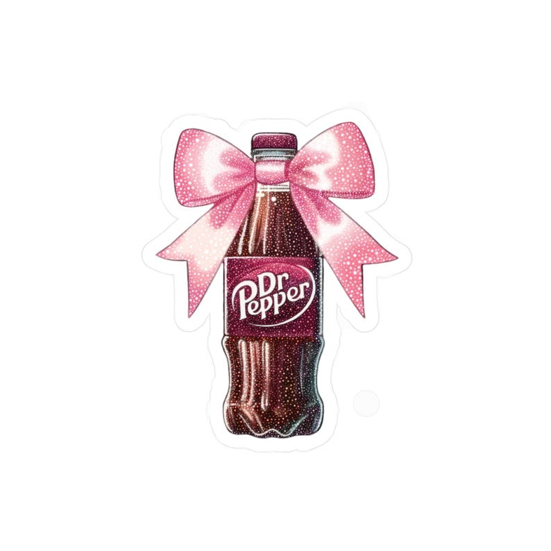 May include: A pink glittery bow tied around a brown glass bottle of Dr Pepper soda.
