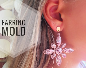 May include: A pair of pink glitter star-shaped earrings. The earrings are hanging from a person's ear. The text "EARRING MOLD" is visible in the image.