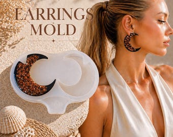 Könnte beinhalten: Eine weiße Silikon-Ohrringform mit einem Halbmond-Design, neben einer Frau, die ein Paar passende Ohrringe trägt. Die Ohrringe und die Form sind mit einem glitzernden, kupferfarbenen Material gefüllt. Der Text "EARRINGS MOLD" steht oben.