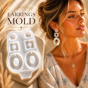 May include: A clear silicone earring mold with various geometric shapes, including circles and squares, is displayed next to a woman wearing a matching pair of earrings. The text "EARRINGS MOLD" is visible.