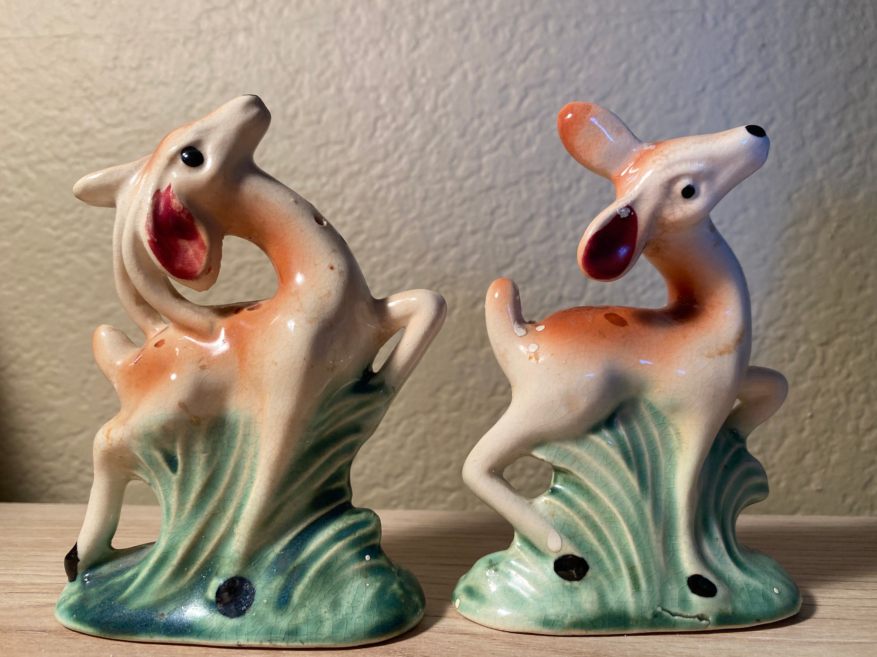 Vintage Pair Porcelain Deer Salt and Pepper Shakers Etsy