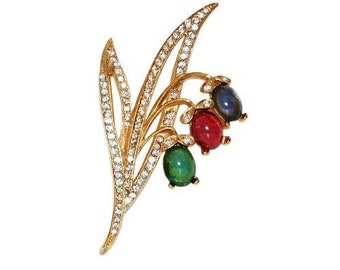 CoutureNumber.com 80s Vintage Fabulous Multicolour Blue Red And Green Glass Cabochon Lily Of The Vally Brooch Great Valentine's Day Gift