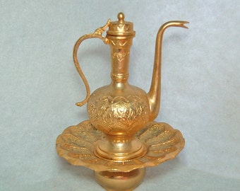 COUTURE NUMBER HOME Vintage 2 Decorative Handcrafted Golden Brass Incense Burner With Lid And Miniature Coffee Pot With Hinged Lid