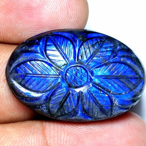 AAA Grade Natural Labradorite Carving Gemstone+Handmade Carved Labradorite+ Flower Cut Carving+Blue Fire Carved Labradorite, Size 33x22x8 MM