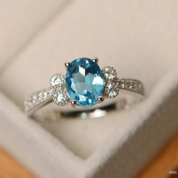 London Blue Topaz Ring+ 10k Solid White Gold Ring+ Stackable Ring+ Handmade Ring+ Solitaire Ring+ Promise Ring+ Woman Ring+ Engagement Ring.