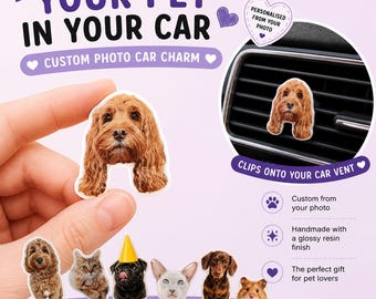 Personalised Cat Dog Car Vent Clip Decoration, New Driver Gift, Car Accessories, Custom Photo Car Charm, Secret Santa Stocking Filler