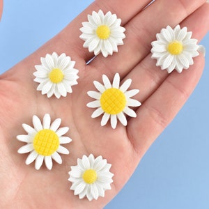 May include: Six white daisy-shaped buttons with yellow centres. The buttons are arranged on a hand, with the centres of the buttons facing the camera.