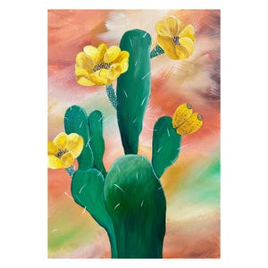Summer - Acrylic painting with cactus with yellow flowers on abstract background