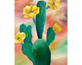 Summer - Acrylic painting with cactus with yellow flowers on abstract background