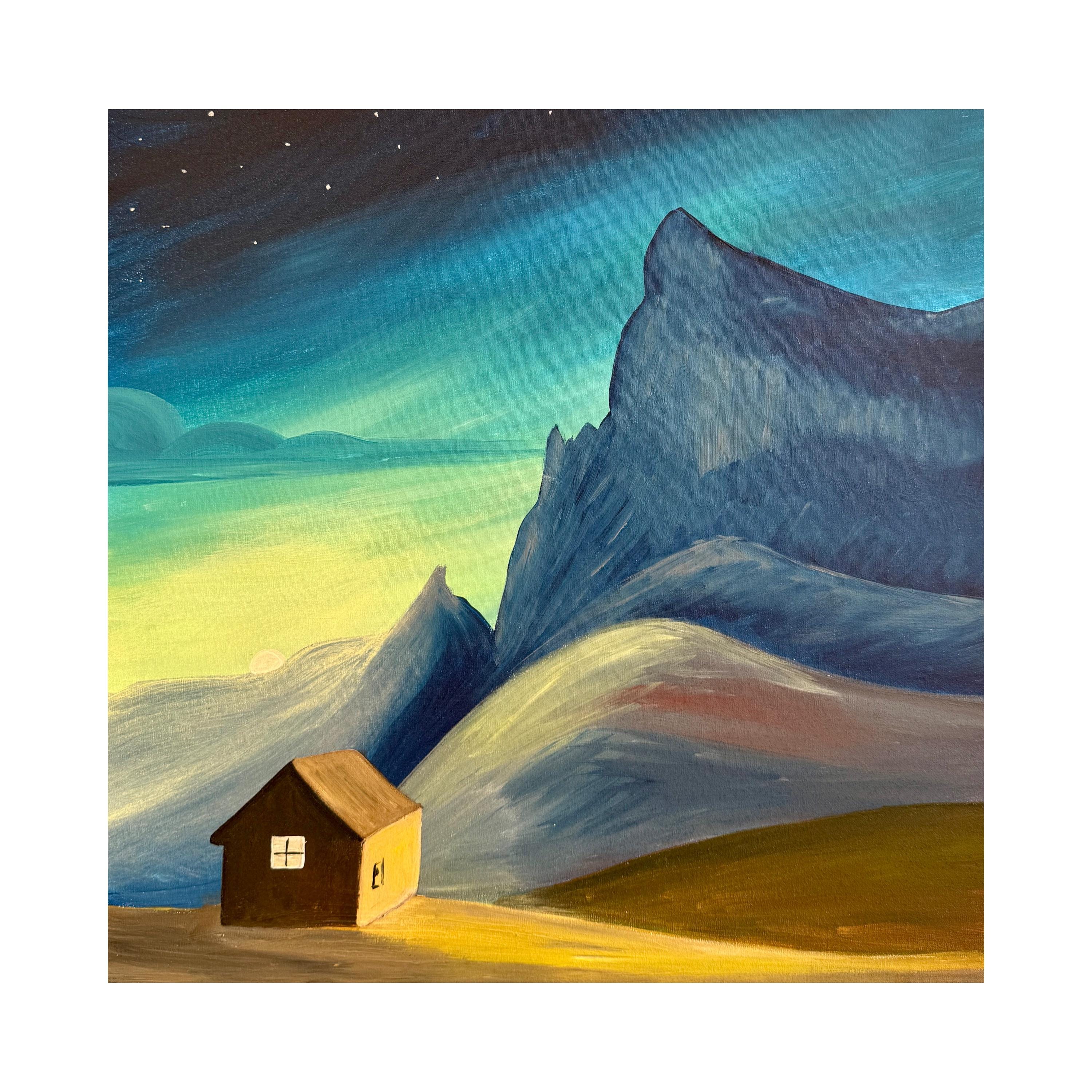 Winter - Acrylic painting with night mountain landscape with snow