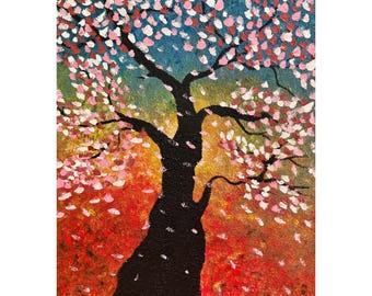 Spring - acrylic painting with tree with flowers on abstract background