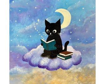 In the Clouds - Acrylic painting of a black cat reading a book on a cloud