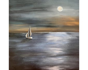 Night seascape acrylic painting with sailboat and moon original art on canvas