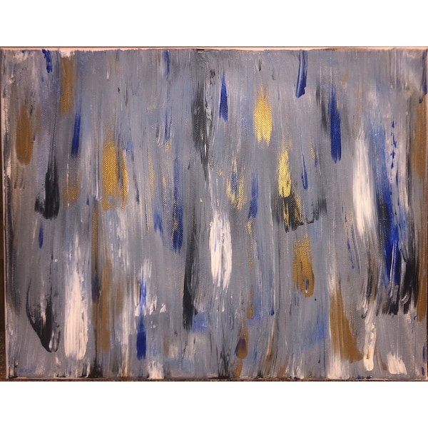 Abstract Blue, Gray, Black, White, & Metallic Gold Acrylic Painting Original on Canvas