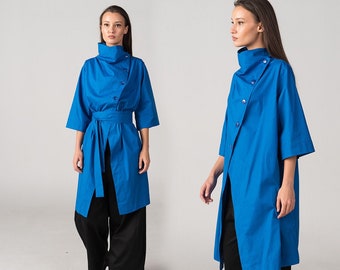 High Collar Scarf-Like Cotton Tunic Shirt with Asymmetric Fastening, Wide Japanese Wrap Dress Shirt, Belted Cardigan Top, Royal Blue Tunic