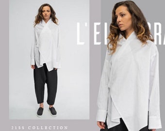 Wrap rund fließendes Baumwoll / Leinen Tunika-Shirt - asymmetrisches Top mit Manschetten und Schalkragen, lockeres Sommerhemd, japanische Kleidung