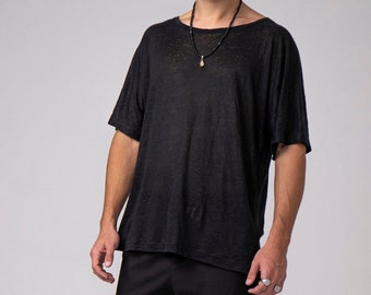 Men Linen Oversized Shirt, Plus Size Clothing for Men, Black T-Shirt, Loose Half-Sleeve Shirt, Men Clothing, Summer T-Shirt, Streetwear Top