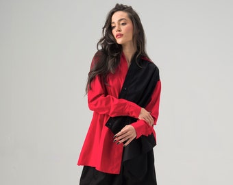 Color Block Red & Black Asymmetric Shirt Blouse, Asian-Inspired Winter Blouse Made From Cotton or Linen, Wrap Buttons Tunic Blouse Ladies