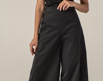 Minimalist Wide Leg Cotton Pants, Black Japanese Style Culotte Pants, Elegant Cropped Baggy Pants, High Waisted Modern 1940s Style Pants