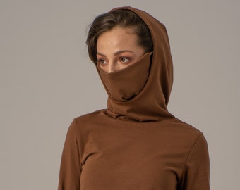 Hoodie with Mask, Face Mask Hoodie, Cotton Hoodie Women, Urban Clothing, Mask with Hoodie, Brown Hoodie Top, Hoodie with Built in Mask