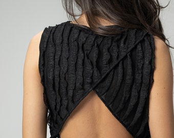 NUEVO Top corto de encaje negro texturizado 3D, espalda abierta y cruzada, prenda de festival para verano, top corto con volantes, blusa corta con volantes, top rave