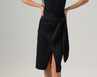 Midi Wrap Skirt, Black Goth Winter Skirt, Cotton Clothing for Ladies, Soft Midi Fitted Skirt, Split Cotton Skirt, Elegant Pencil Skirt
