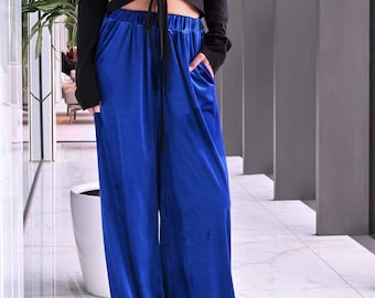 NEW Cobalt Blue Velvet Flared Pants, Wide Leg Palazzo Pants, Comfy Elastic Waist Pants, Loose Fitting Trouser Pants, Chic Minimalist Pants