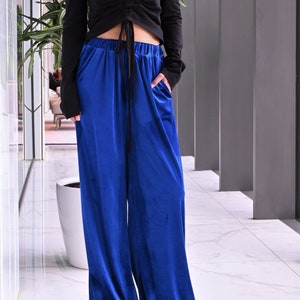 NEW Cobalt Blue Velvet Flared Pants, Wide Leg Palazzo Pants, Comfy Elastic Waist Pants, Loose Fitting Trouser Pants, Chic Minimalist Pants Blue