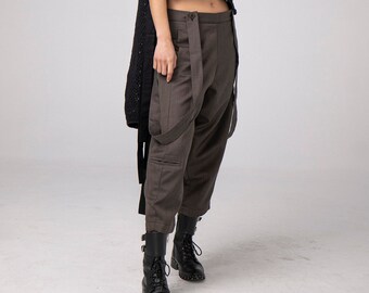 Baggy Tailored Pants, Dark Academia Clothing, Welt Pockets Harem Trousers, Drop Crotch Pants, Suspenders Oversize Pants