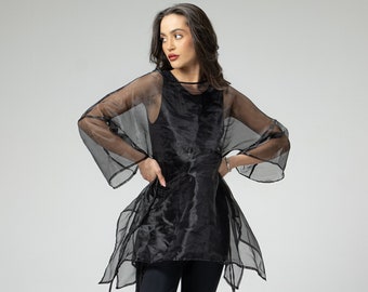 NEW Transparent Organza Kimono Tunic, Avant Garde Structured Summer Dress, Festival Gothic Style Sheer Tunic Top, Japanese Ties Blouse