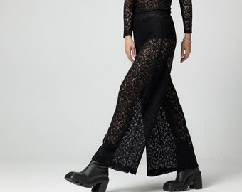 Pantalones anchos de encaje transparente, sexys, negros, de verano, para invitadas de boda en la playa, extravagantes, acampanados, modernos.