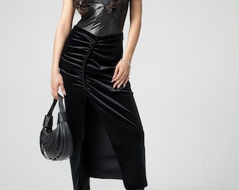 Sophisticated Black Goth Winter Skirt, Velvet Clothing for Ladies, Soft Maxi Fitted Skirt, Split Velvet Skirt, Elegant Draped Pencil Skirt
