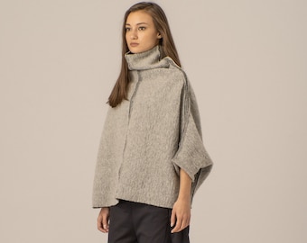 Avant Garde Boiled Wool Sweater, Oversized Funnel Neck Pullover, Vintage Inspired Sweater, Extravagant Jumper, Short Woolen Pullover Top