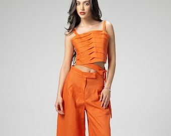 Japanese Inspired 2-Piece Linen Set Outfit - Braided Crop Top & High-Waisted Palazzo Pants, Summer Ladies Pants Set, Cozy Linen Beach Suit