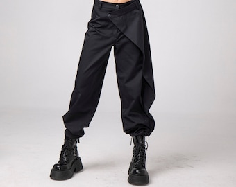 Side-Flap Leg Cotton Pants, Buttoned Black Cotton Trousers, Avant Garde Spring Formal Pants, Dark Academia Maxi Baggy Pants, Gathered Pants