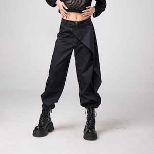 Side-Flap Leg Cotton Pants, Buttoned Black Cotton Trousers, Avant Garde Spring Formal Pants, Dark Academia Maxi Baggy Pants, Gathered Pants
