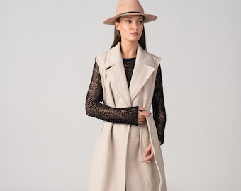 Notched Collar Big Lapel Vest Dress, Woolen Ivory Winter Cardigan, Belted Sleeveless Jacket Coat, Fit and Flare Cozy Vest,Soft Wool Overcoat