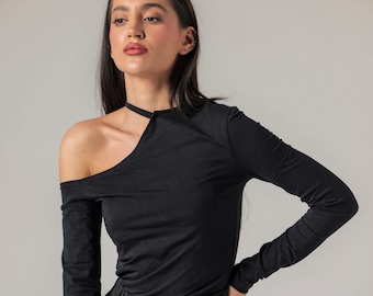 One Shoulder Black Crop Top, Cocktail Party Elegant Tube Top, Festive Occasion Cut Out Top, Gothic Evening Wear Top, Transformable Clothing