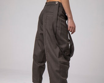 Baggy Tailored Pants, Dark Academia Clothing, Welt Pockets Harem Trousers, Drop Crotch Pants, Suspenders Oversize Pants