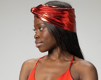 NEW COLLECTION Retro Head Band, Metallic Red Wire Headwrap, Stretchy Bendable Turban for Ladies, Knot Tie Head Covering, Wedding Hair Piece
