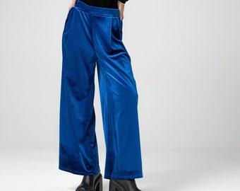 Vintage Inspired Palazzo Pants, Elastic Waist Silky Touch Trousers, Gaucho Velvet Pants, Loose Royal Blue Pants, Flared Crop Culotte Pants