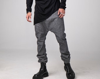 Denim Drop Crotch Men Pants, Embroidery Cardio Detail, Casual Relaxed Fit Pants, Structured Maxi Pants for Him, Boyfriend Trousers