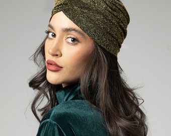 Vintage Inspired Headband, Sparkling Golden Wrap Around Party Turban, Stretchy Golden Headband, One Size Turban, 60s Style Hair Accessories